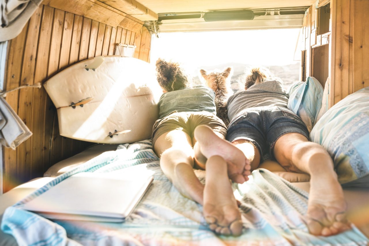 young couple with dog traveling with dog on vintage minivan.jpg